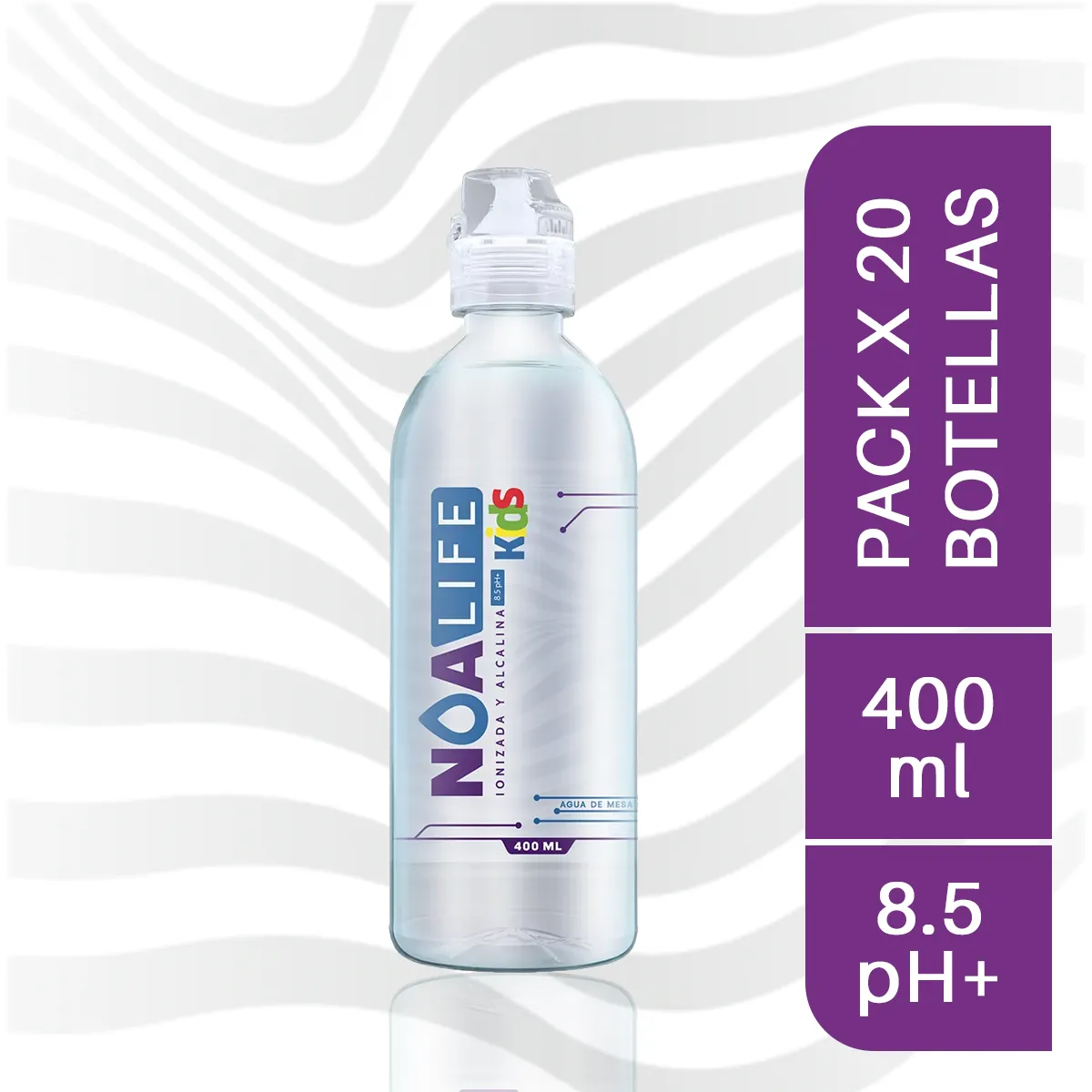 Agua Ionizada y Alcalina 400 ml con Tapa Sport Kids – Pack de 20 Botellas