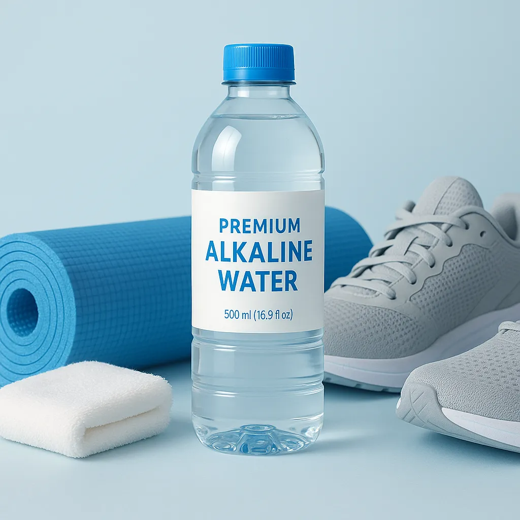 product photo of a premium alkaline water bottle with sports accessories around (yoga mat, running shoes, towel), minimalist background, bright and healthy lifestyle aesthetic