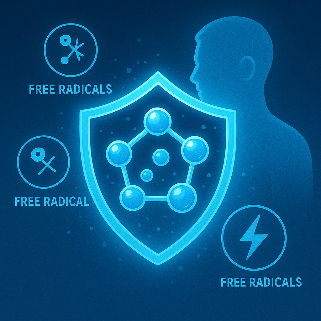 shield icon made of water molecules, glowing with antioxidants, protecting a human silhouette from free radicals, clean medical style