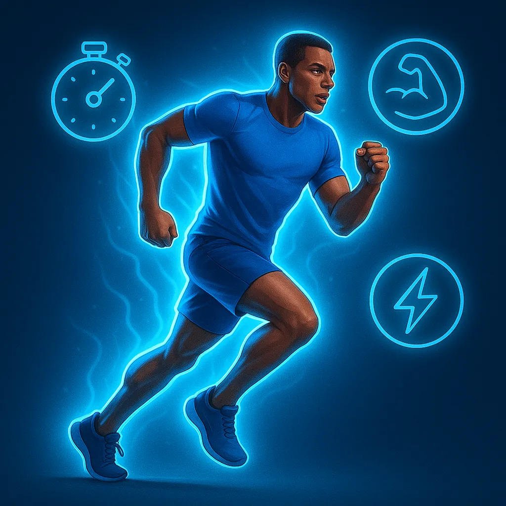 energetic athlete running with a glowing aura of blue light symbolizing endurance, surrounded by icons of stamina, strength, and energy