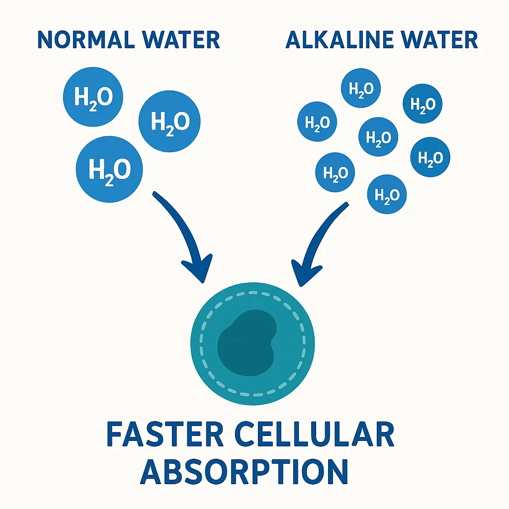 infographic style illustration showing water molecules smaller in alkaline water compared to normal water, with arrows pointing to faster cellular absorption